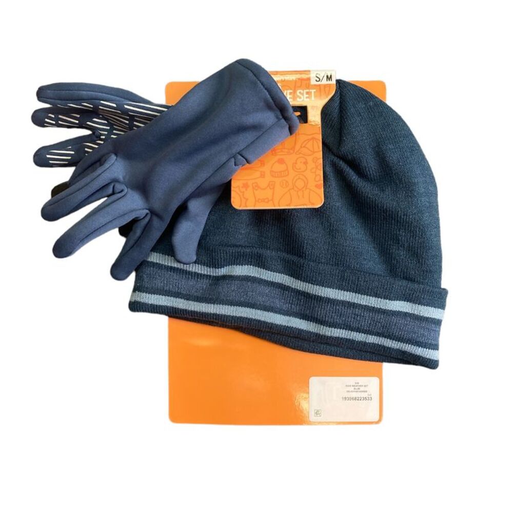 Member's Mark Kid's Flat Knit Beanie Hat With Pom Pom & Gloves Set - Blue